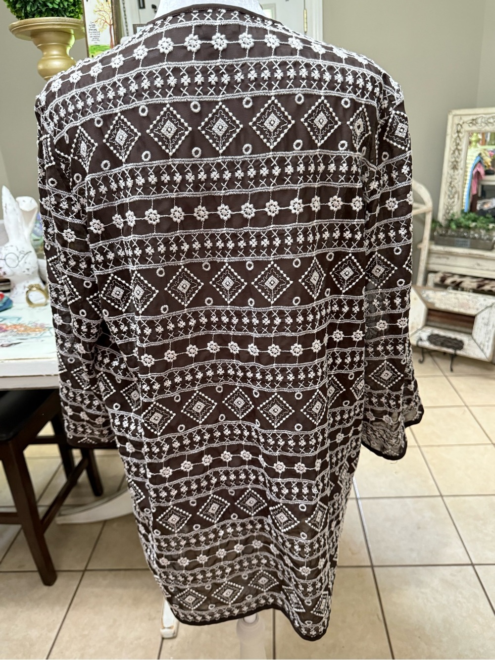 Chico's Brown and white Geometric Open Cardigan Medium - Picture 6 of 7
